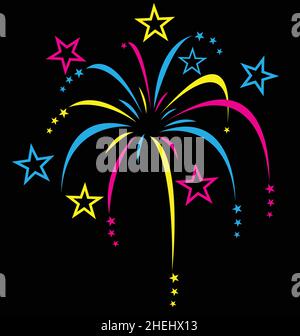 colourful stylized cartoon fireworks cmyk colours isolated on black background Stock Vector