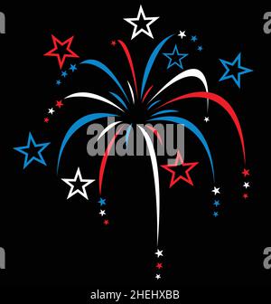 red white and blue stylized stylised colourful colorful fireworks isolated on black background vector illustration Stock Vector