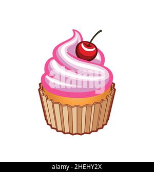 classic cartoon yummy cupcake pink strawberry topping with cherry dessert cake vector isolated on white background Stock Vector