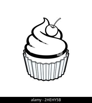 classic cartoon yummy cupcake with cherry outline dessert cake vector isolated on white background Stock Vector