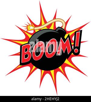 classic cartoon comic round black bomb boom text explosive dynamite with lit fuze icon symbol with explosion in background vector isolated on white Stock Vector