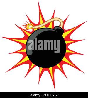 classic cartoon round black bomb explosive dynamite with lit fuze icon symbol with explosion in background isolated vector Stock Vector