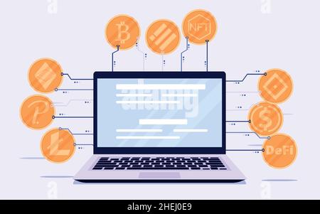 Laptop. Cryptocurrency symbol and coin image for use in secure digital currency web project. Stock Vector
