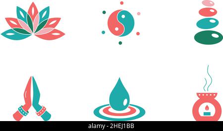 Vector illustration of cartoon yoga icons on white background. Stock Vector