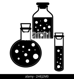 Chemical test tubes vector icons set of three minimalist flat illustrations. Experiment chemical flasks for science isolated on white background. Stock Vector