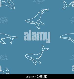 Seamless pattern with humpback whales and waves minimalist simple outline vector wallpaper illustration. Contour whale drawing on blue background Stock Vector