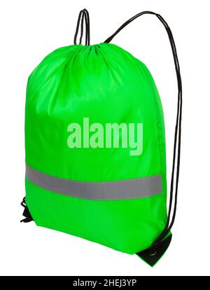 Green nylon drawstring bag with reflective tape for safety, isolated over white Stock Photo