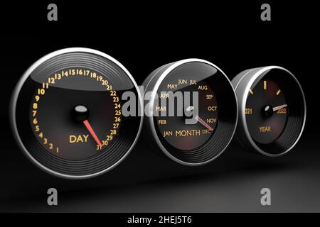 3D illustration close up black speedometer with cutoffs 2021,2022 and calendar months. The concept of the new year and Christmas in the automotive fie Stock Photo