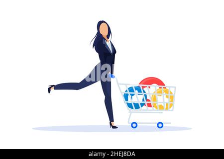 Vector of a happy woman with a shopping cart full of positive social media feedback Stock Vector