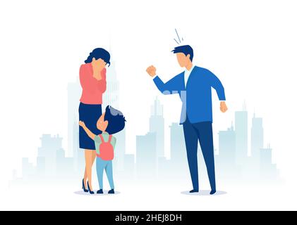 Vector of a father yelling at a mother with child. Family conflict and domestic violence concept Stock Vector