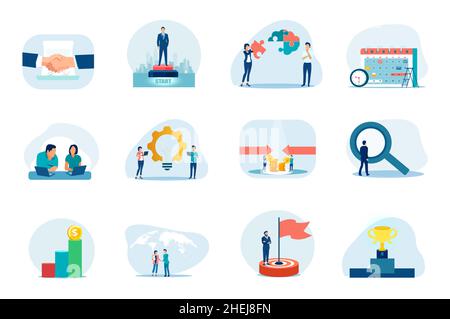 Vector business set of team building and successful collaboration in company building Stock Vector
