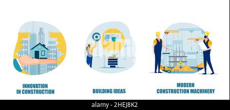 Vector of a construction process from innovation in construction, modern real estate development to execution of architects plan Stock Vector