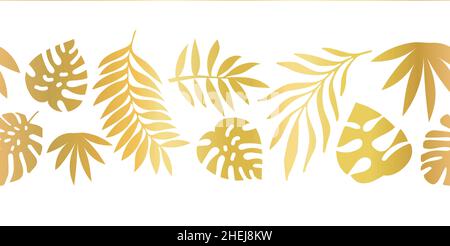 Golden tropical palm leaves seamless vector border. Elegant exotic nature repeating pattern with gold foil jungle florals. Monstera, Philodendron, and Stock Vector