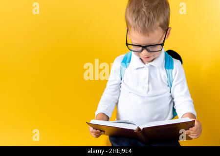 Banner Funny Preschool Child Boy in Big Glasses Reads Book on Yellow Background Copy Space. Happy Smiling Kid Go Back to School, Kindergarten. Success Stock Photo