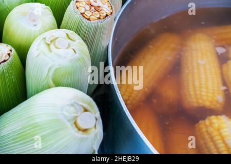 Corn husks and boiling corn in a market in Latin America Stock Photo