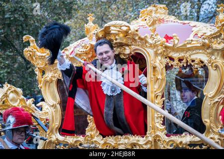 Vincent Keaveny, 693rd Lord Mayor of London in his state coach at his inauguration, Lord Mayor's Show, City of London financial district, 2021 Stock Photo