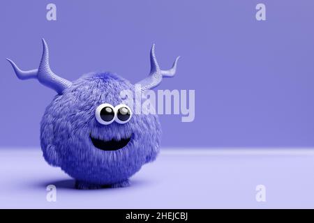 3D illustration of a funny furry brown monster with eyes and horns on a purple isolated background. Funny emoticon monster for child's design Stock Photo