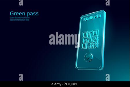 COVID-19 Green Pass QR-code 3D concept. Phone app screen health passport mobile app certificate. Safe travel coronavirus immunization poster vector Stock Vector