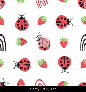Cute ladybird, dotted rainbow, strawberry seamless vector pattern background.Ladybugs with strawberries and rainbows on white backdrop. Fun gender Stock Vector