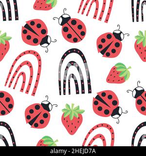 Cute ladybird, dotted rainbow, strawberry seamless vector pattern background.Ladybugs with strawberries and rainbows on white backdrop. Fun gender Stock Vector