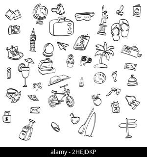 set of travel objects illustration vector hand drawn isolated on white background line art. Stock Vector