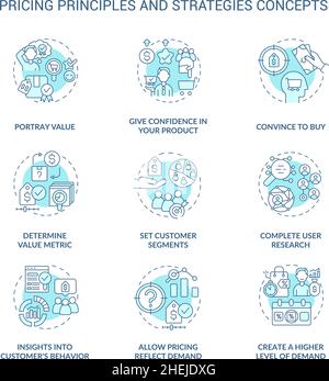Pricing principles and strategies turquoise concept icons set Stock Vector