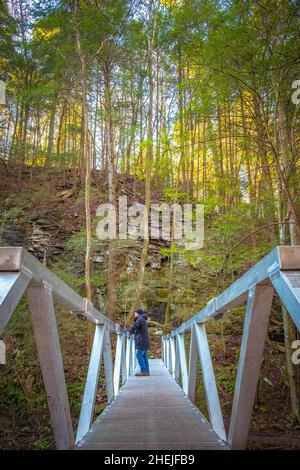 A hiker pauses to admire the view on an aluminum footbridge along the Fiery Gizzard Trail on the South Cumberland Plateau in Tennessee. Stock Photo