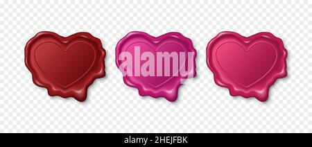 Vector 3d Realistic Vintage Red, Pink Stamp, Wax Seal Set Isolated. Sealing Wax, Stamps Heart Shaped Labels for Quality Certificate, Document, Letter Stock Vector