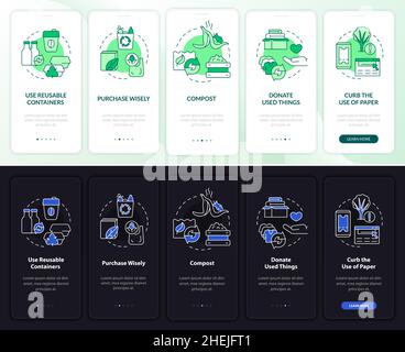 How to minimize waste night and day mode onboarding mobile app screen Stock Vector