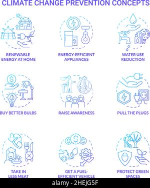 Climate change prevention blue gradient concept icons set Stock Vector