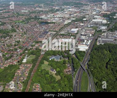 aerial view of the road and rail links coming in from the south towards Bolton town centre Stock Photo