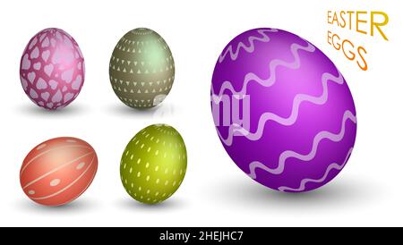 Festive set of Easter eggs. Realistic mother of pearl shiny eggs decorated with ornaments. 3d vector isolated on white background Stock Vector