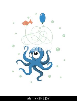 Octopus illustration comic for children, puzzle, labyrinth, fish and balloon. Vector illustration Stock Vector