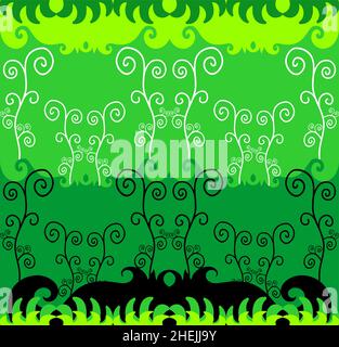 Green background with grass and  black-white branches of tree artistic vector. Stock Vector