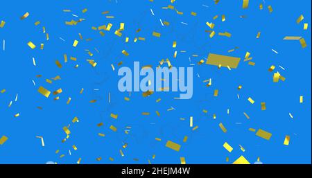 Digital image of golden confetti falling over abstract geometric shapes against blue background Stock Photo