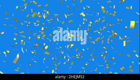 Digital image of golden confetti falling over abstract geometric shapes against blue background Stock Photo