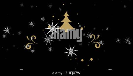 Image of gold christmas tree and white snowflakes on black background Stock Photo