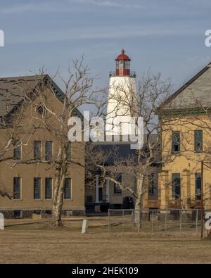 Sandy Hook Lighthouse at Fort Hancock is a former United States Army fort at Sandy Hook, Gateway National Recreation Area, Middletown Township, New Je Stock Photo