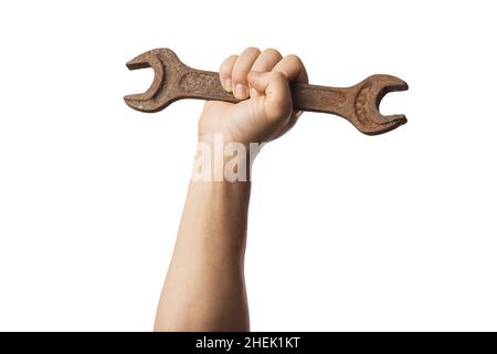 Hand holds rusty wrench isolated on white background, template for designers Stock Photo