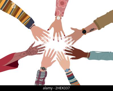 Group of hands in a circle of diverse multicultural multi-ethnic people.Team or community concept. Diversity of people in social networks.Race culture Stock Vector
