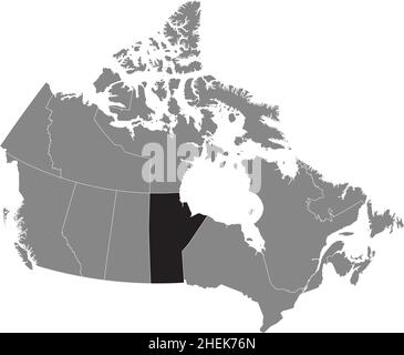 Black flat blank highlighted locator administrative map of the Canadian province of MANITOBA inside gray flat map of CANADA Stock Vector