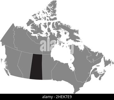 Black flat blank highlighted locator administrative map of the Canadian province of SASKATCHEWAN inside gray flat map of CANADA Stock Vector