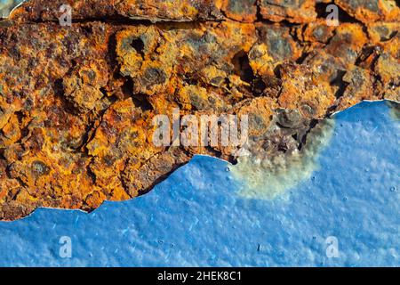 Close up shot of a very rusty blue painted iron surface. Stock Photo