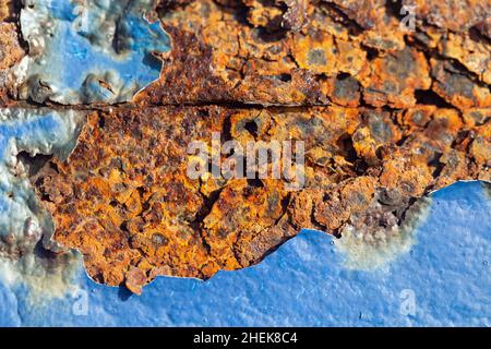 Close up shot of a very rusty blue painted iron surface. Stock Photo