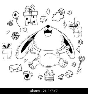 Cute happy bunny with gifts, balloon and cake, sweets, lollipops and flowers. Vector illustration. Set of isolated hand drawn doodles for design and d Stock Vector