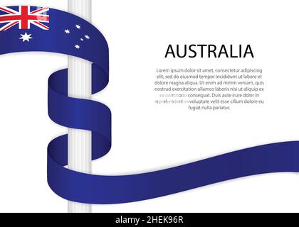Waving ribbon on pole with flag of Australia. Template for independence day poster design Stock Vector