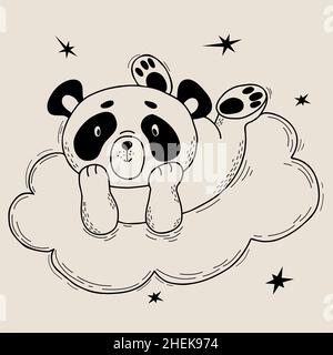 Cute panda lies on cloud. Vector illustration. Character - Cute animal. Linear hand drawing doodle for kids collection and postcards, design, decor an Stock Vector