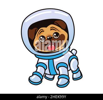 Cute little pug dressed in space suit, astronaut dog. Isolated vector illustration on white background. Stock Vector