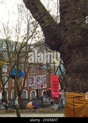 London, Nov 2020 - A park next to Euston Station that was occupied by campaigners and turned into a camp protesting against the construction of HS2. Stock Photo