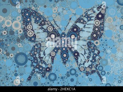 Dark blue and white butterfly made of circles against a light blue and grey background with circles. Stock Vector